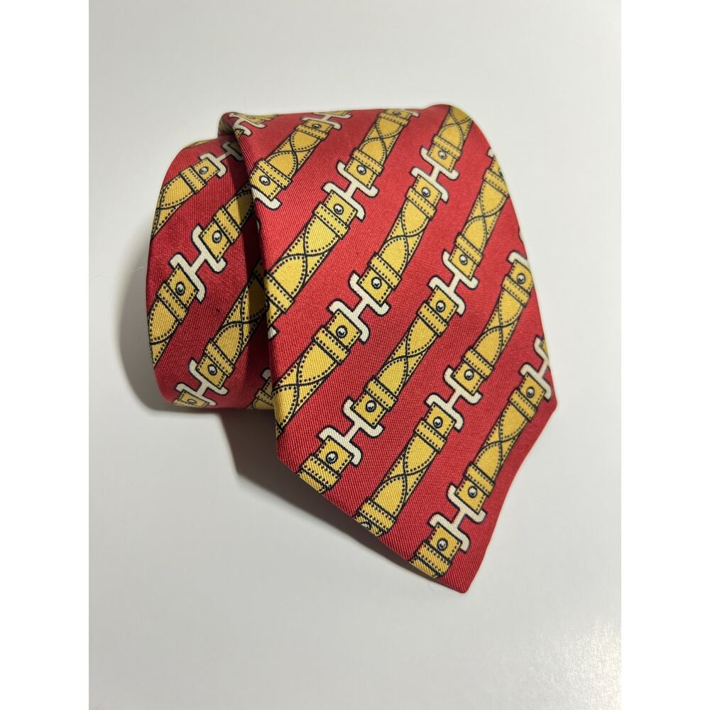 Hermes EUC Red Equestrian Buckle Print 100% Silk Tie 56" x 3.5"
